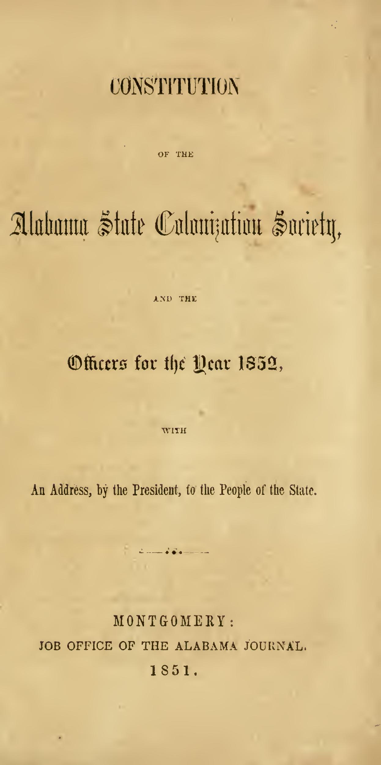 Title page of the Constitution of the Alabama State Colonization Society, Montgomery, 1851