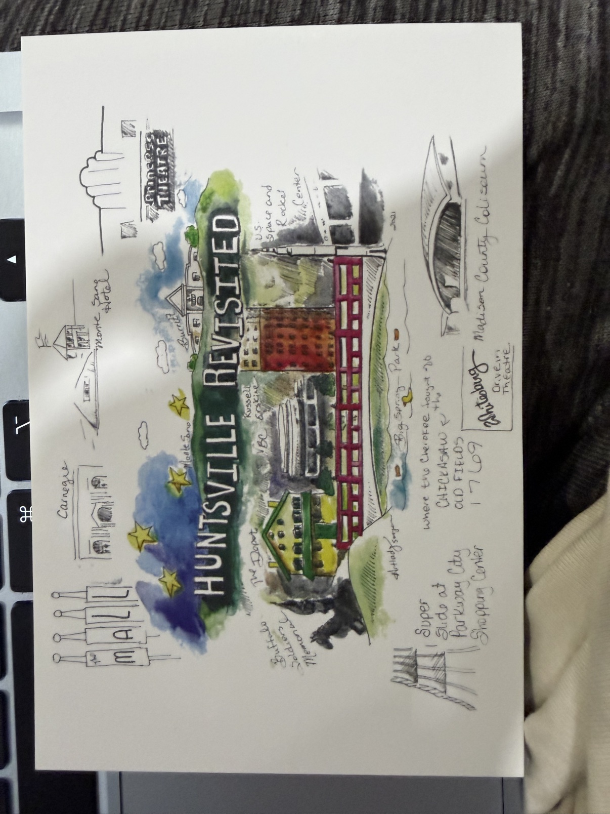 Illustrated map artwork of Huntsville landmarks at Huntsville Revisited