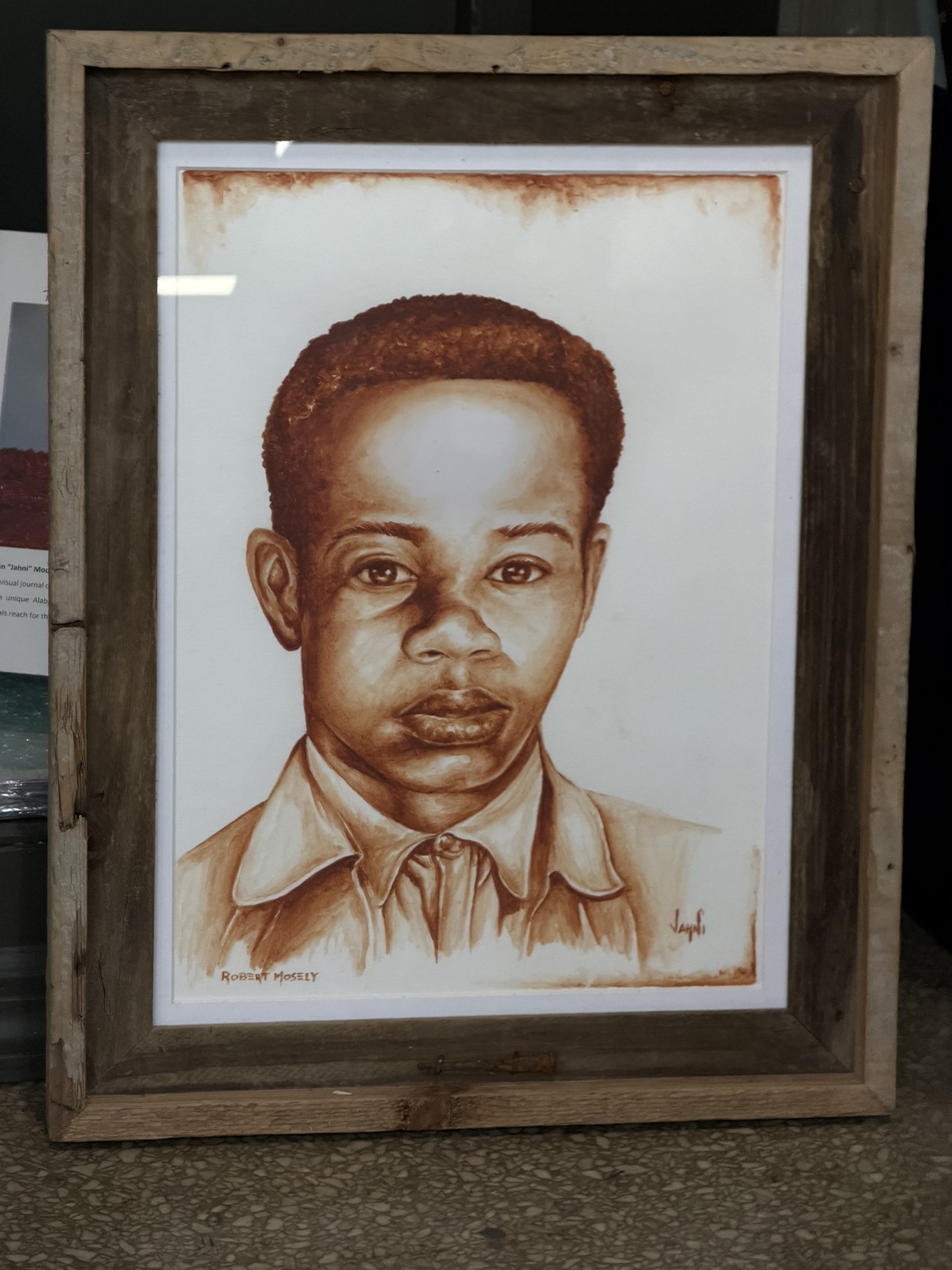 Artist rendering of Robert Mosley in a weathered wood frame at Huntsville Revisited
